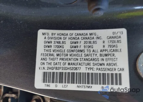 2013 Honda Civic Lx from USA, damaged, VIN 2HGFB2F55DH520877